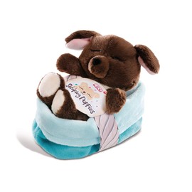 NICI 45372 Cuddly Toy Sleeping Puppies Dog 12 cm, Fluffy Plush Toy in Blue/Green Basket, Cute Stuffed Toy for Children and Cuddly Toy Lovers, Brown/Turquoise