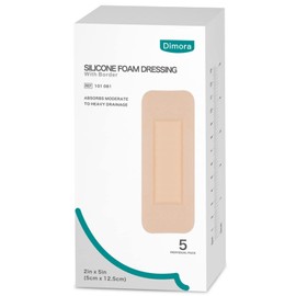 Dimora Dimora Foam Wound Dressing 2"x5" Waterproof Silicone Bandages with Adhesive Border, Super Absorbent Breathable Wound Care Products for Sensitive Skin Pack of 5