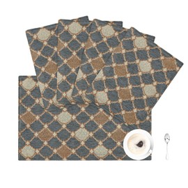 Loom and Mill Elegant Chenille Placemats Set of 4, Chic Checkered Pattern Jacquard Table Place Mats for Dining Table Kitchen Decor, Double Layer Dining Table Mats (Blue-Grey+Khaki+Beige, 12x18 inch)