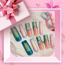 QQPPOLIU Square Long Press on Nails,French Tips Fake Nails with Designs,Full Cover Nails for Women/Birthday/Bride/Holiday/Christmas/Valentine'S Day/Women/Young(Pattern 115)