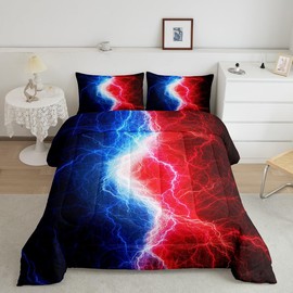 Blue Red Black Comforter Set Lightnings Abstract Art Bedding Set Twin Size for Kids Boys Girls,Fire and Water Print Lightning Down Comforter,Psychedelic Hippie Style Patchwork Quilt Game Room Decor