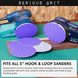 Serious Grit 5-Inch 120 Grit Ceramic Multi-Hole Hook & Loop Sanding Discs - Advanced Grain for Fast Cutting & Long Life - Film-Backed Universal Fit Sandpaper for 5-in Sanders - 50 Pack Box