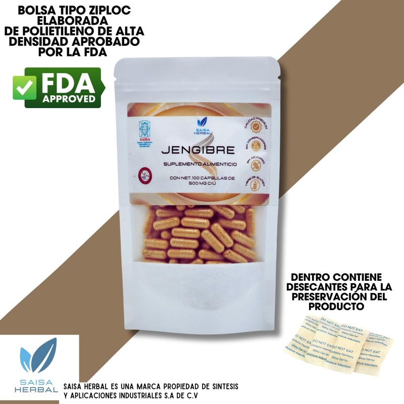 Jengibre 100% Puro Bolsa Con 100 Cápsulas.