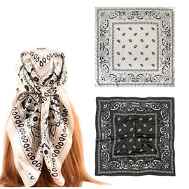 GoldenLife 35" Square Head Scarf - 2Pcs Silk Feeling Bandanas for Hair Wrapping, Shawl Wraps, Neck Scarf & Headbands for Women (Black & White)