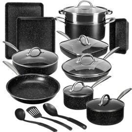 VECELO 20pcs Pots and Pans Set Non Stick, Kitchen Induction Cookware Nonstick, Saucepans, Utensil, Skillet with Maifan Stone Coated For Cooking(PFOS, PFOA Free), Dishwasher & Oven Safe, Black