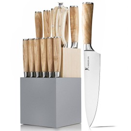 Kangdelun Natura Series 14 PCS Knife Block Set, Ultra Sharp High Carbon Stainless Steel with Wooden Handle