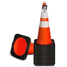 Pyle Traffic Cones, 12-Pack PVC with Heavy-Duty Base, 28" High-Visibility Safety Cones with Stackable Design for Parking, Roadwork, Construction Zones, Sports Training & Outdoor Weather-Resistant Use