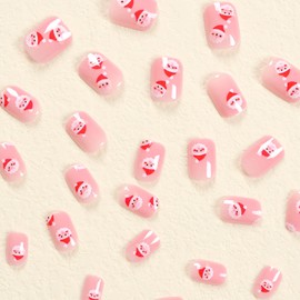 24 Pcs Short Press on Nails Square Christmas Fake Nails Nude Pink Xmas False Nails with Cute Santa Claus Designs Full Cover Stick on Nails for Women and Girls Artificial Acrylic Nails