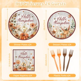 MOIZYNG 96 Pcs Hello Pumpkin Fall Plates and Napkins Party Supplies, Autumn Floral Pumpkin Tableware Set, Thanksgiving Harvest Festival Baby Shower Birthday Party Favors for 24 Guests