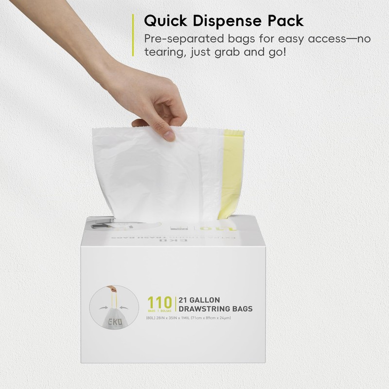 EKO 21 Gallon / 50-90 Liter,110 CountDrawstring Trash Bags, Extra-Strong
