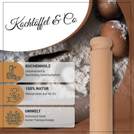 PnL Wooden Rolling Pin Pizza Rolling Pin in Beech 35 cm Long Handmade from the EU Each Dough Roller is Unique Pizza Dough Roller without Handles Mattarello Oklava Rolling Pin Wood Baking