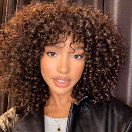 ColourfulPanda Afro Wig Brown Synthetic Brazilian Kinky Curly Natural Hair for Women, Kinky Curly with Fringe Short Wigs for Black Women (Dark Brown)