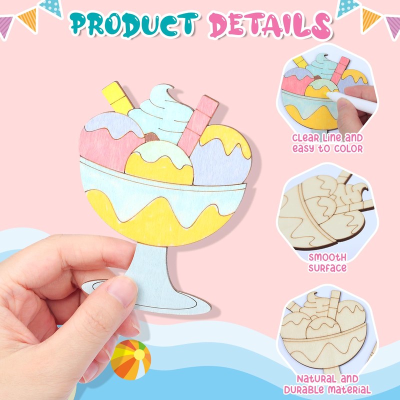 36Pcs Wooden Ice Cream Cutouts, Unfinished Summer DIY Wooden Art