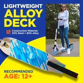 2-Wheel Folding Kick Scooter - Compact Foldable Riding Scooter for Teens w/Adjustable Height, Alloy Anti-Slip Deck, 9” Wheels, Mud Guard Front Wheel, for Kids Boys/Girls 12+Yrs Old (Black)