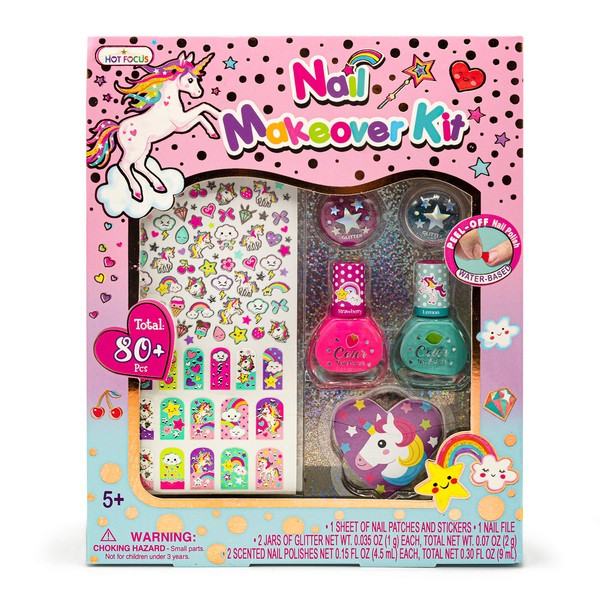 Hot Focus Sparkling Unicorn Nail Art Kit for Little Girls +80PCS– Scented Nail Polish, Pink and Blue Glitter, Unicorn Nail Stickers, Nail File, Non-Toxic 100% Kid Friendly. Designed in the US.