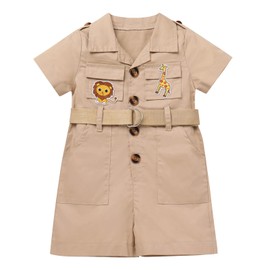 IDOPIP Baby Girls Safari Outfit Wild Animal Jumpsuit + Hat Toddler Summer Birthday Party Clothes Set Overall Shorts Photo Shoot Bodysuit with Belt Khaki 0-6 Months