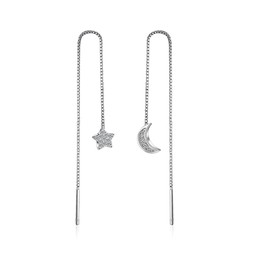1 Pair 925 Sterling Silver Earrings Chain Women Girls Threaded Earrings Drop Earrings Tassel Star Moon Crystal Long Earrings Jewellery Women Asymmetrical Tassel Earrings, Silver