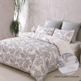 meadow park Cotton Clipped Jacquard Duvet Cover Set Twin, 2 Pieces Jacobean Floral Bedding Set (Grey, Twin)