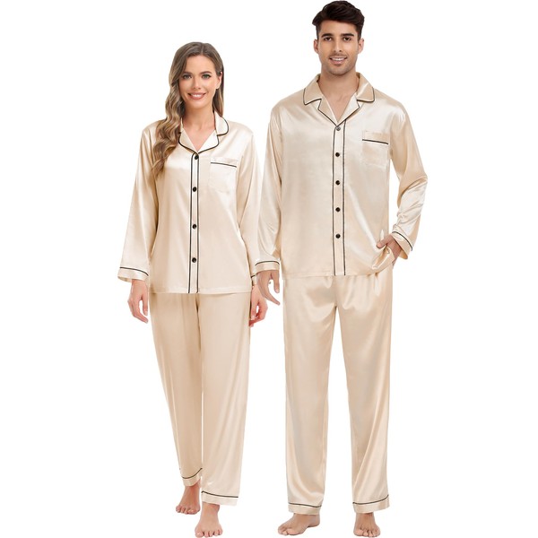 SWOMOG Couples Silk Satin Pajamas Sets Women & Men Long