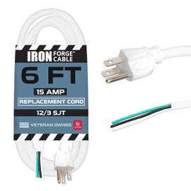 Iron Forge Cable 12 Gauge Power Cord Replacement - 6ft,15 Amp White Heavy Duty Extension Cord, 12/3 SJT 3 Prong Electric Cable - 3 Wire for Appliances & Power Tools, NEMA 5-15P