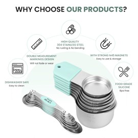 Magnetic Measuring Cups and Spoons Set-Heavy Duty 304 Stainless Steel，Double Measurement Markings，Set of 16 with Leveler for Measure Dry and Liquid Ingredients (Mint)