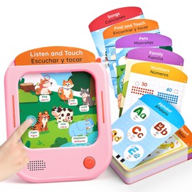 JoyCat Bilingual Kids Learning Tablet, English & Spanish Talking Flash Cards with 106 Pages, 20 Interactive Games, Montessori Learning Toy for Alphabet, Words, Numbers & Songs, Gift for Toddlers 2-6