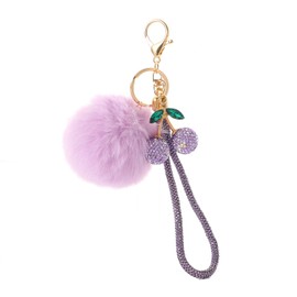 Furry Pom Pom Keychain with Rhinestone Cherry Charm - Multi-Color Bling Keyring for Bags, Keys, & Decor-Purple
