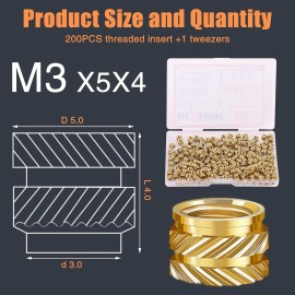 200Pcs M2.5/M3 Brass Threaded Inserts Knurled Nut Assortment Kit for 3D Printing - M3x5x4