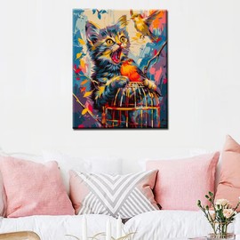 Tucocoo Home Animal Paint by Number Wildlife Pet DIY Painting on Canvas with Brushes Acrylic Paints Cute Cat Hold The Wine Cup Paint by Numbers for Adults and Kids Beginner 16x20 Inch（Without Frame）