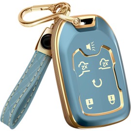 for Chevy Suburban Key Fob Cover and Leather Keychain - TPU Key Case for GMC Acadia Sierra Tahoe Terrain Yukon - 2014-2023 Keyfob Cover for Silverado HYQ1AA - Blue and Gold