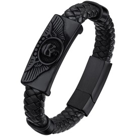 Mens Braided Leather Black Bracelets Bangles, Wing Skull Bracelet for Dad Husband, 19cm