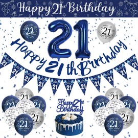 21st Birthday Decorations Men, Blue and Silver Happy Birthday Banner, Navy Blue and Sliver 21st Birthday Balloons, Confetti Balloons 21st Party Decorations for Men Party Supplies