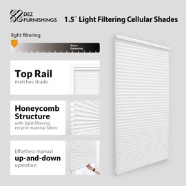 DEZ FURNISHINGS Cordless 1.5" Light Filtering Cellular Shade, 70.5" W x 48" H, White