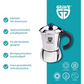 GRÄWE espresso maker made of stainless steel (0% aluminium), capacity approx. 300 ml or 6 small cups, also suitable for induction cookers.