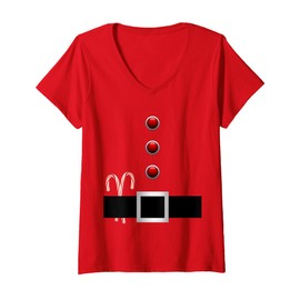 Womens Santa Belt Suit with Candy Cane for Christmas in July V-Neck T-Shirt
