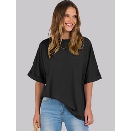 ANRABESS Women's Oversized T Shirts Short Sleeve Crewneck Summer Tops Casual Loose Basic Tee Shirts 2024 Trendy Clothes Black Large