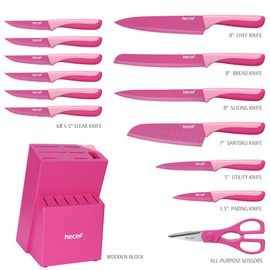 hecef 15 Pieces Kitchen Knife Set with Built-in Sharpening Wooden Block, Dishwasher Safe, High Carbon Stainless Steel Knife Block Set with Steak Knives, Kitchen Scissors, Pink