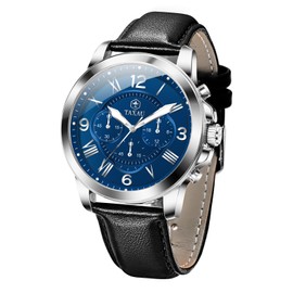 Taxau Mens Watch Black Blue Chronograph Waterproof Man Watch Leather Watch for Men Minimalist Watch for Men Heavy Duty Watches for Men