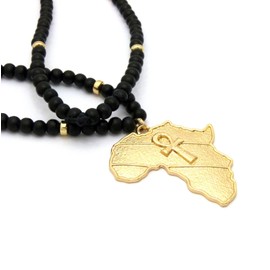 Fashion 21 Egyptian Ankh Cross in Africa Map Pendant 6mm 30" Wooden Bead Necklace Gold Black Tone (Metal Joint Wooden 6mm 30")