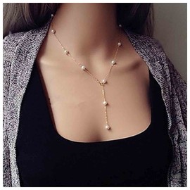 Yheakne Boho Pearl Lariat Necklace Gold Y Drop Necklace Chain Pearl Y Lariat Drop Chain Necklace Bridal Jewelry for Women and Girls