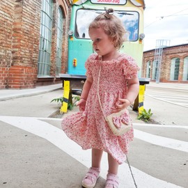 Balatale Toddler Girls Summer Smocked Floral Dress Casual Square Neck Puff Sleeve Ruffle A Line Midi Dress Pink 4-5T