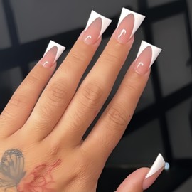 KQueenest White French Tip Press on Nails - Duck Press on Nails for Women, Soft Gel Fake Nails Press ons, Natural Fit, Reusable Nude Pink French Tip Glue on Nails for Daily Wedding Wear, 24 Pcs