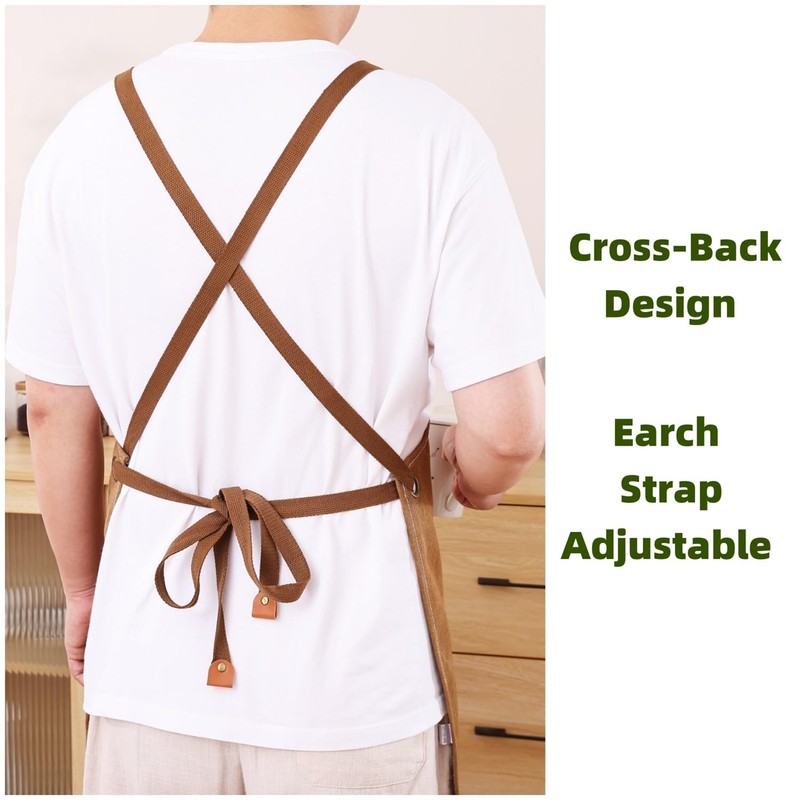 DEVECHO Chef Apron Medium-Thick Cotton Canvas,Cross Back with Multiple Pockets