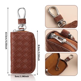 Auswalar Brown Woven Leather Car Key Case,Anti Scratch Car Key Protectors,Leather Car Key Keyring Holder,Key Case with Zipper,Car Key Holder for Man