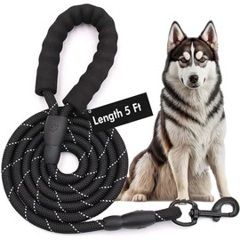 Dog Reflective Leash 5FT Long, ½ Inch Thick Reflective Rope for Medium & Large Dogs (Black, 5 Feet)