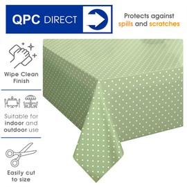 QPC Direct Sage Green Polka Dot PVC Oilcloth Table Cover Vinyl Tablecloth 140 x 200cm Rectangle