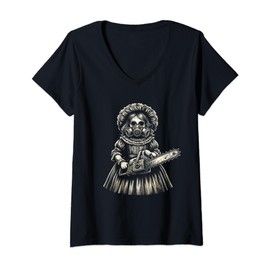 Womens Creepy Girl Wearing Gas Mask Holding a Chainsaw Horror Fan V-Neck T-Shirt