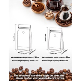 50 PCS Coffee Bags with Valve, (16 oz, 1 lb) Stand Up Pouches, Resealable Coffee Bean Bags, Vented Food Storage Bags Side Zipper(White)