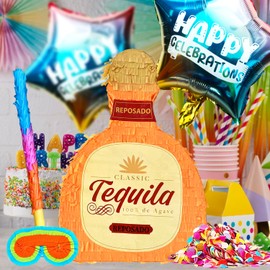 Tequila Bottle Pinatas Festive Mexican Party Decorations for Taco Parties, Birthdays, Anniversaries, and Carnivals Includes Busterstick,Blindfold,Confetti and 2 Happy Celerbations Ballons