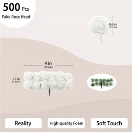 Vignor 500 Pcs 0.6 Inch Mini Artificial Flowers Head Bulk 5 in 1 Set Faux Foam Fake Small Rose Tiny Baby Flores Bouquet Wreath Gift Hair Clip Home Decoration DIY Craft (White)